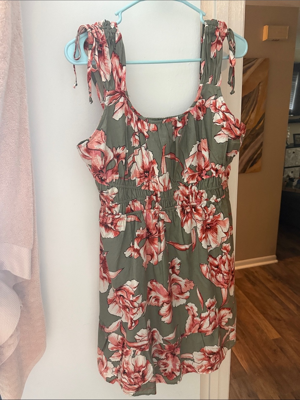 Maurices Olive Green Floral Sundress with Pink Flowers
